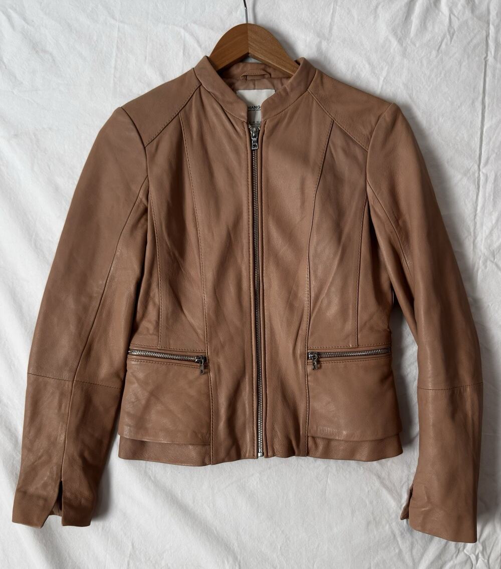 Mango Blush Pink Beige Tan Peplum Lamb Leather Jacket US size XS Very Soft